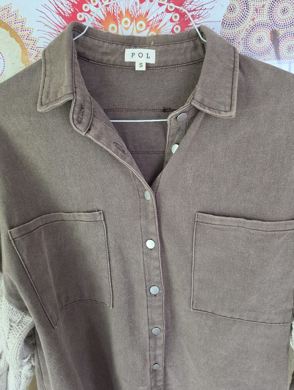 POL Cable Knit Sleeve Shacket Chocolate & Cream Small - Picture 6 of 16